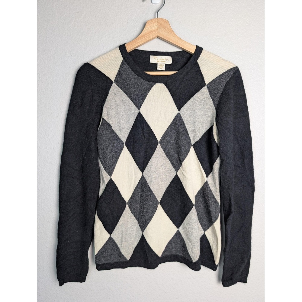 Mainbocher Sweater Womens Medium Gray Cashmere Argyle Crewneck Pullover Knit 356